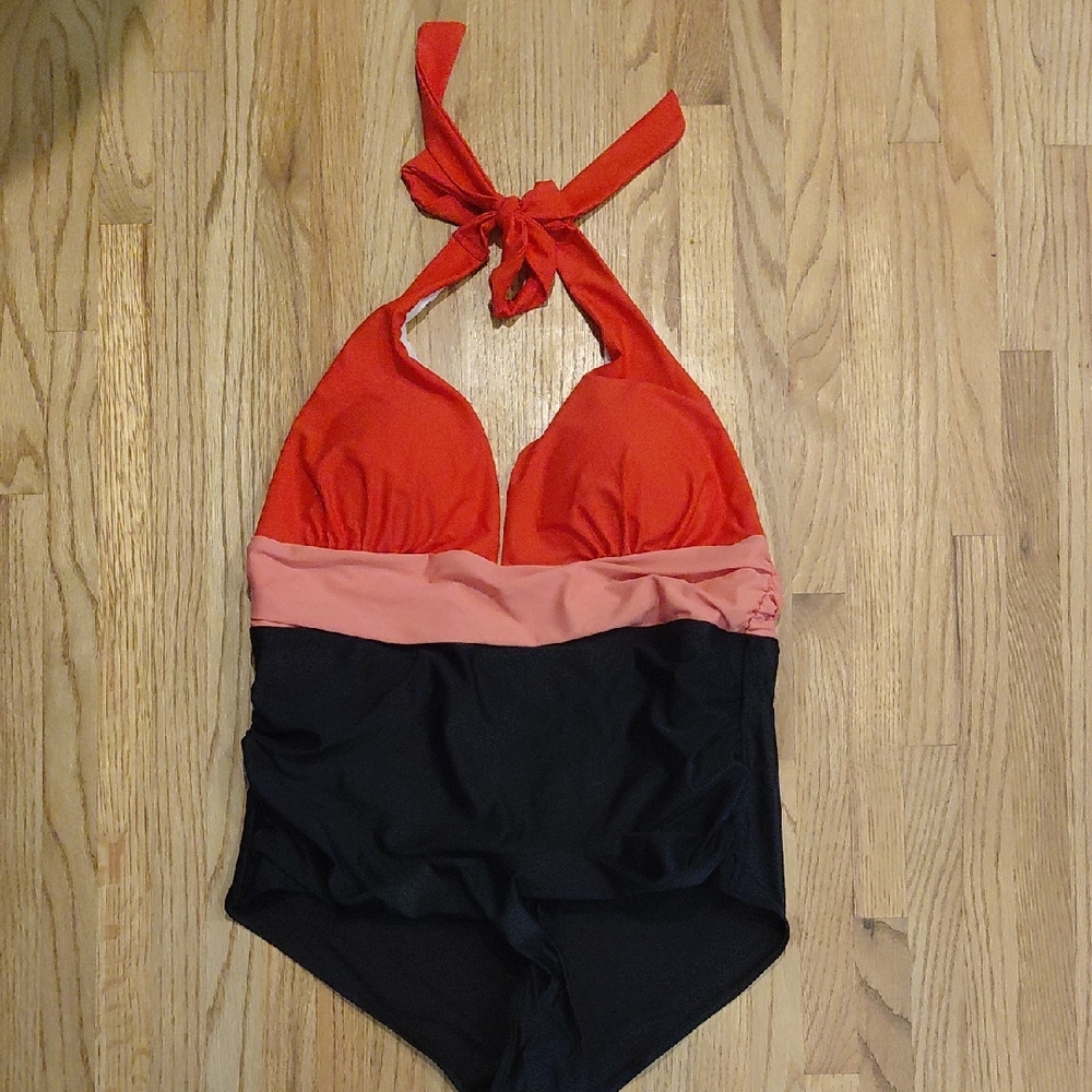 Serra large Red and Black One Piece Swimsuit with Halter Neck